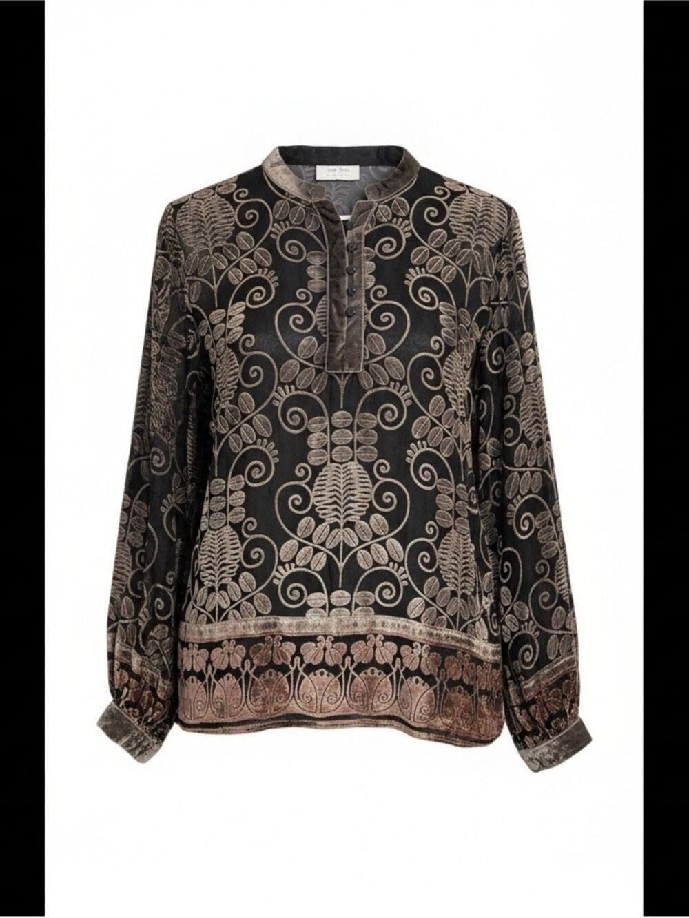 Neiman Marcus Silk Velvet Burnout Tunic Blouse black and taupe vintage